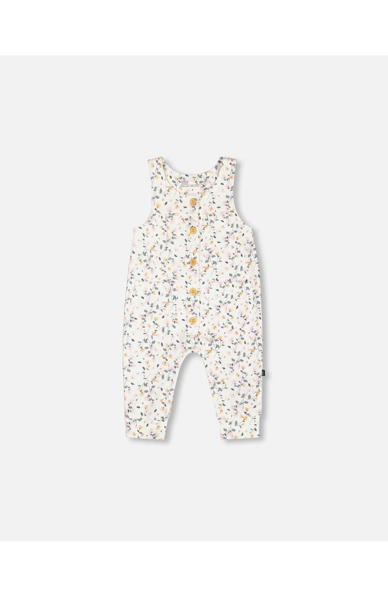 Deux par Deux Baby Girl's Organic Cotton Bodysuit And Printed Overall Set Cream With Flowers, Alternate, color, 