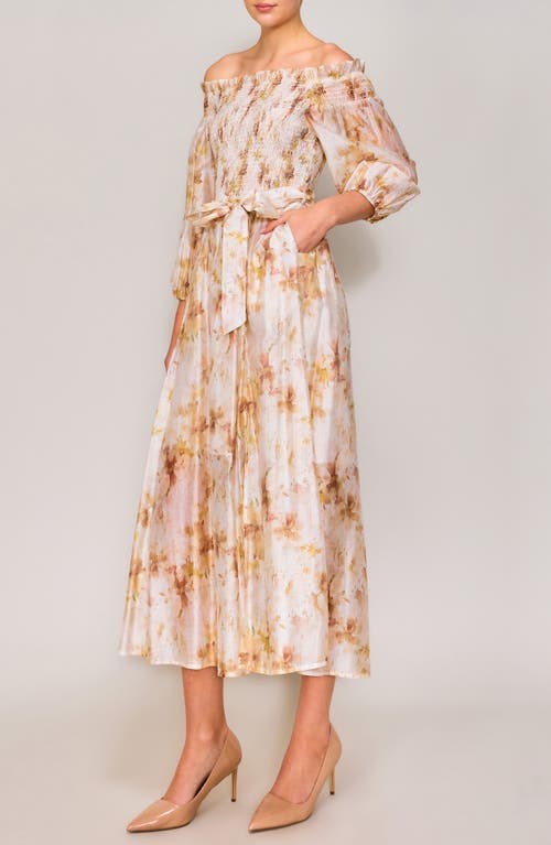 Melloday Smocked Bodice Long Sleeve Organza Midi Sundress In Blush Floral
