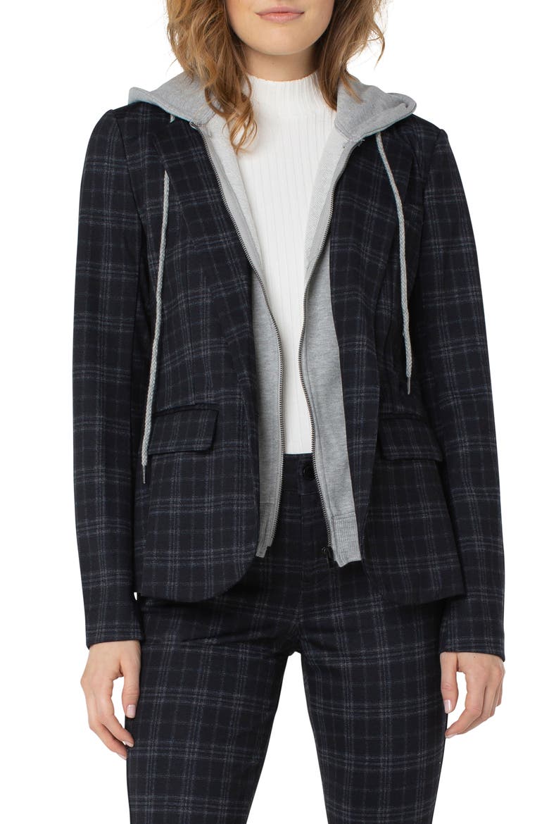 Plaid Hoodie Insert Boyfriend Blazer, Main, color, NAVY/ BLACK/ TAR