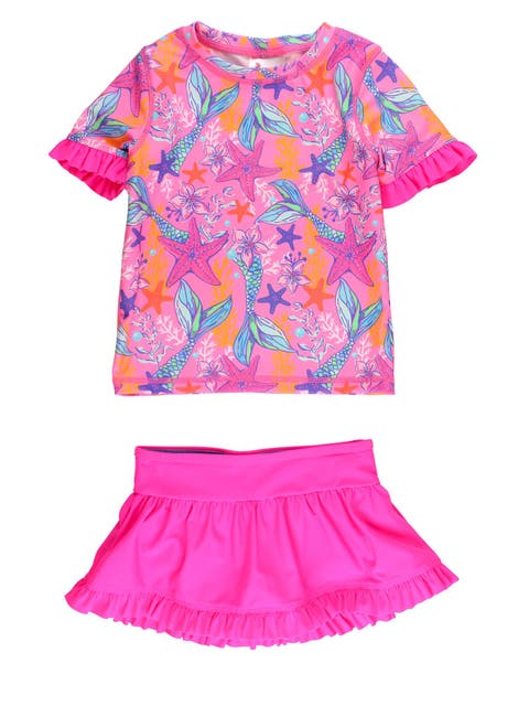 Toddler Girls Short Sleeve Ruffle UPF50+ Rash Guard Skirted 2-Piece