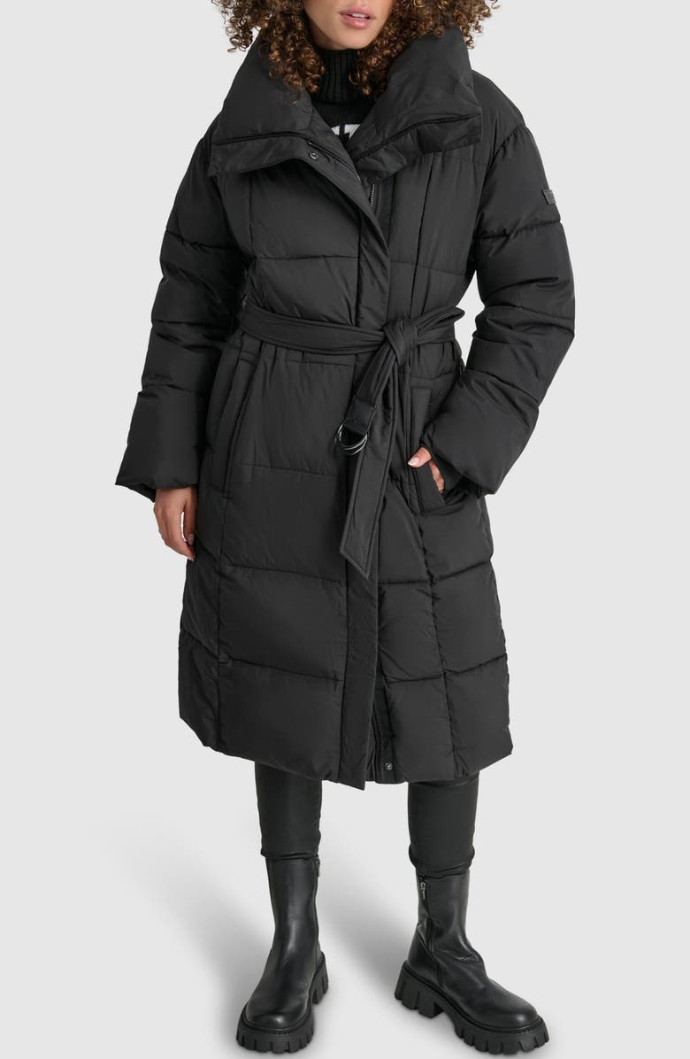 DKNY Asymmetrical Belted Water Resistant Puffer Jacket, Main, color, 
