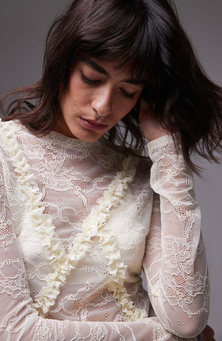 Topshop Lace Ruffle Trim Long Sleeve Semisheer Top, Alternate, color, Off White