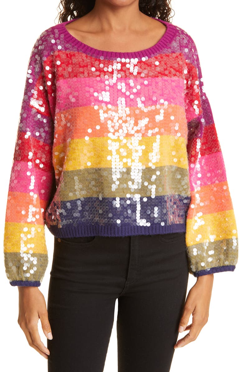 FARM Rio Rainbow Stripe Sequin Sweater, Main, color, 