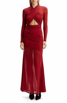 Veria Front Wrap Long Sleeve Mesh Gown