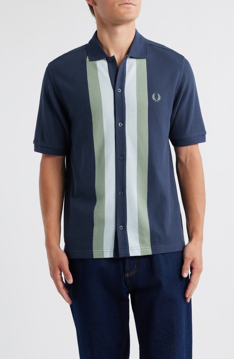 Fred Perry Stripe Cotton Piqué Camp Shirt, Main, color, Dark Airforce