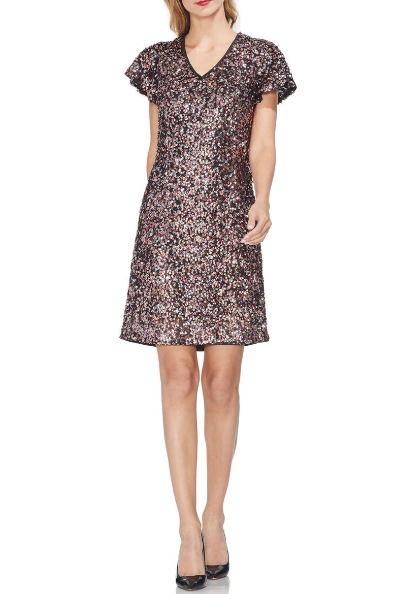 Flutter Sleeve Multi Sequin Shift Dress, Main, color, SWEET CORAL