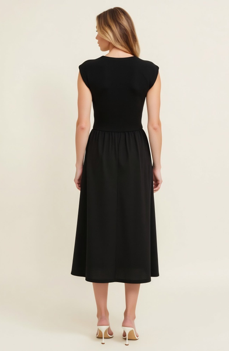 Modenaire Cap Sleeve Fitted Bodice Dress with Gathered Midi Skirt and Pockets, Alternate, color, Black