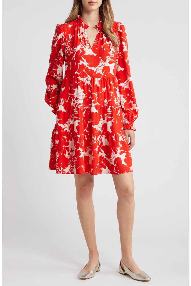 Long Sleeve Tiered Dress, Main, color, PINK- RED ZINNIA FLORAL