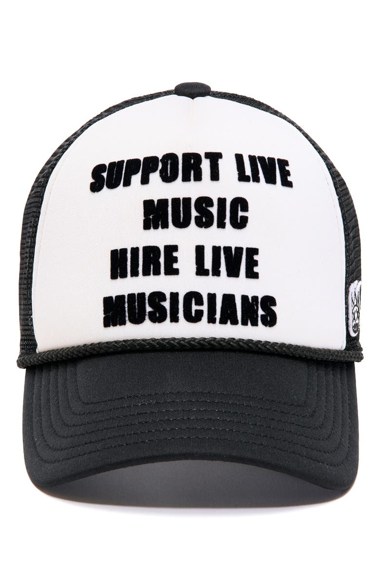 Cult of Individuality Support Live Music Trucker Hat, Alternate, color, White