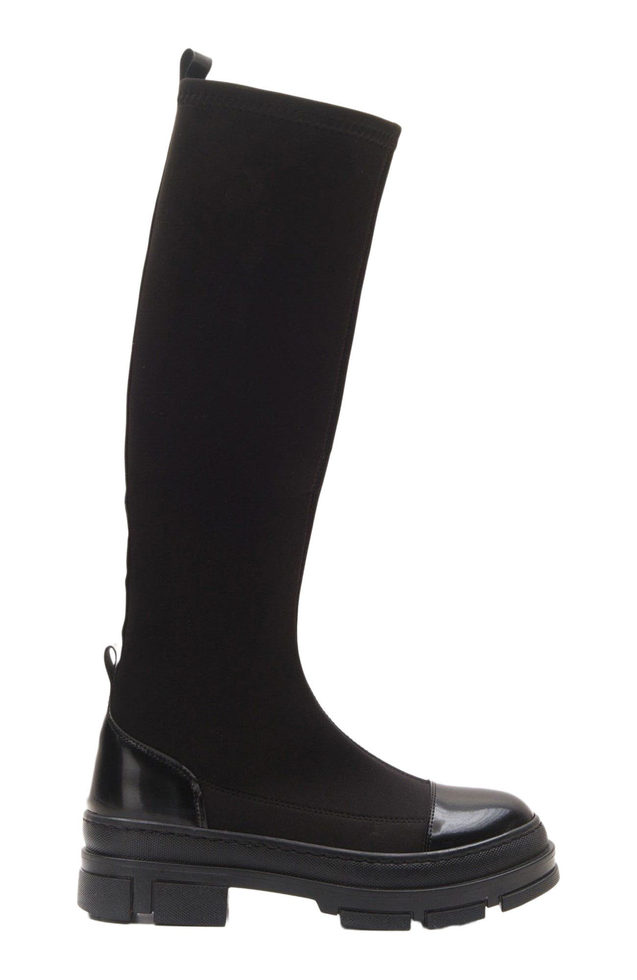 Prologue Shoes Bella Stretch Scuba Knee High Boot, Main, color, Black Faux Leather