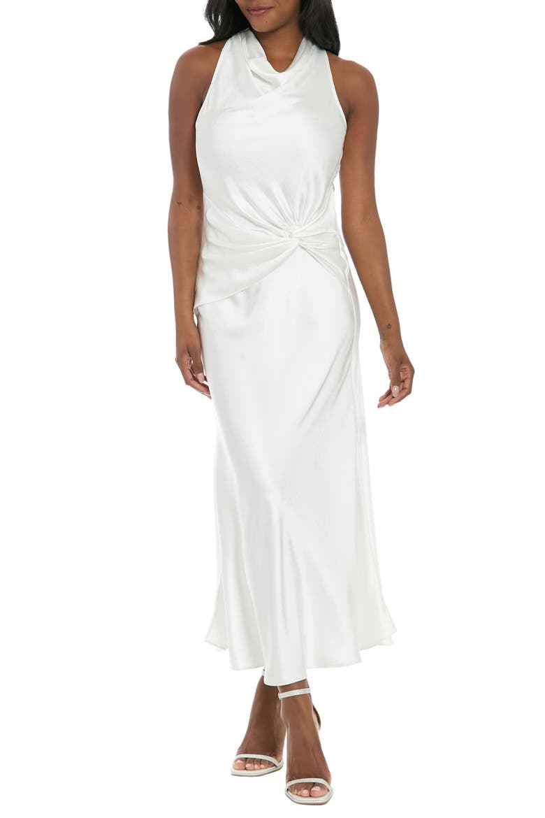 Sleeveless Twisted Waist Satin Gown, Main, color, WHITE