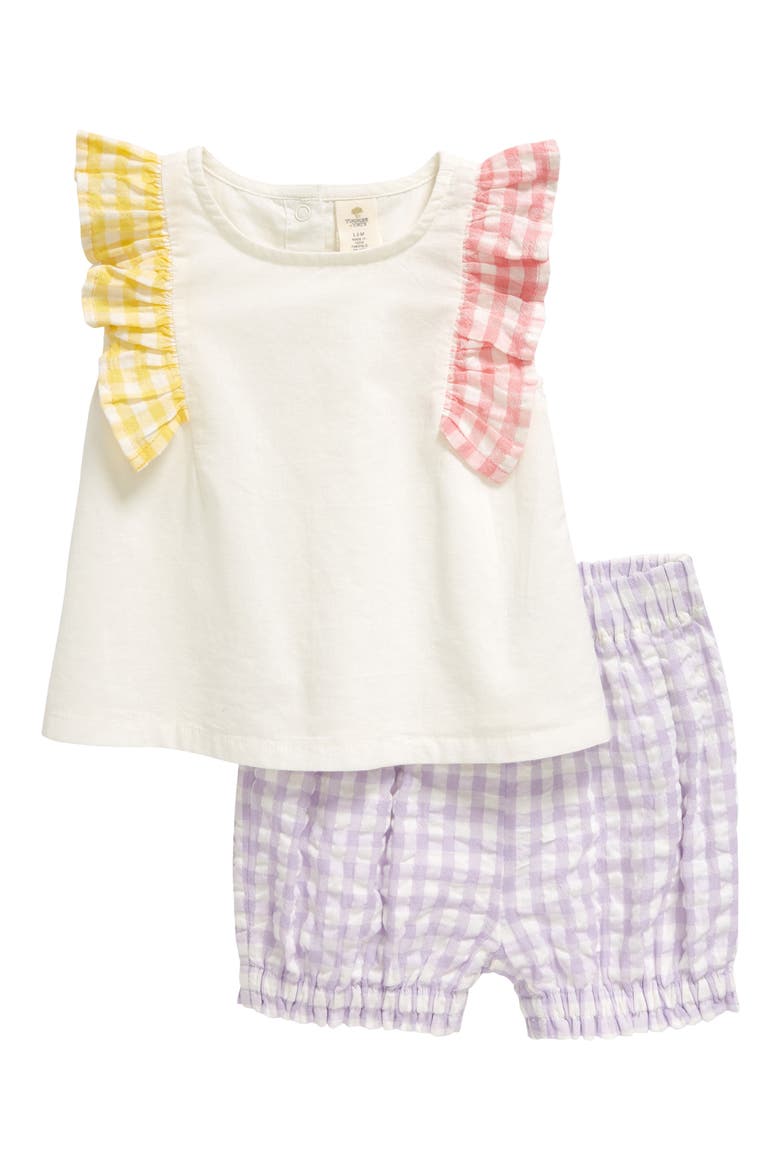Gingham Ruffle Shoulder Top & Shorts Set, Main, color, IVORY- PURPLE MULTI CHECK