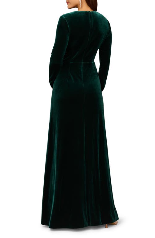 Aidan Mattox By Adrianna Papell Twisted Ruffle Long Sleeve Stretch Velvet Gown In Green