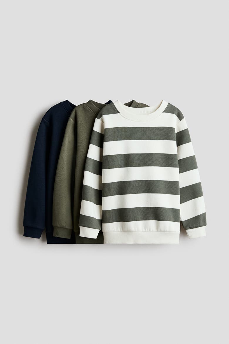 3-Pack Brushed-Inside Sweatshirts, Main, color, Khaki green/striped