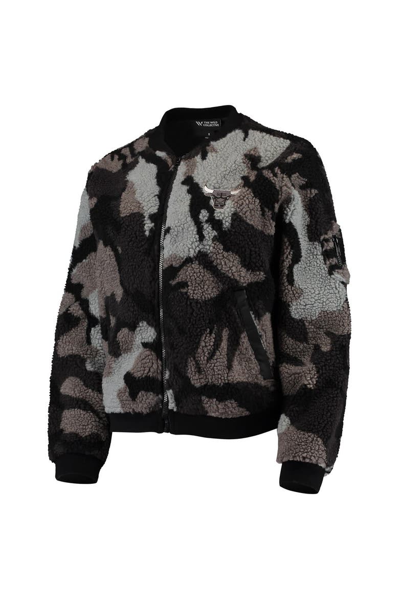 Women's The Wild Collective Black Chicago Bulls Camo Sherpa Full-Zip Bomber Jacket, Alternate, color, Black