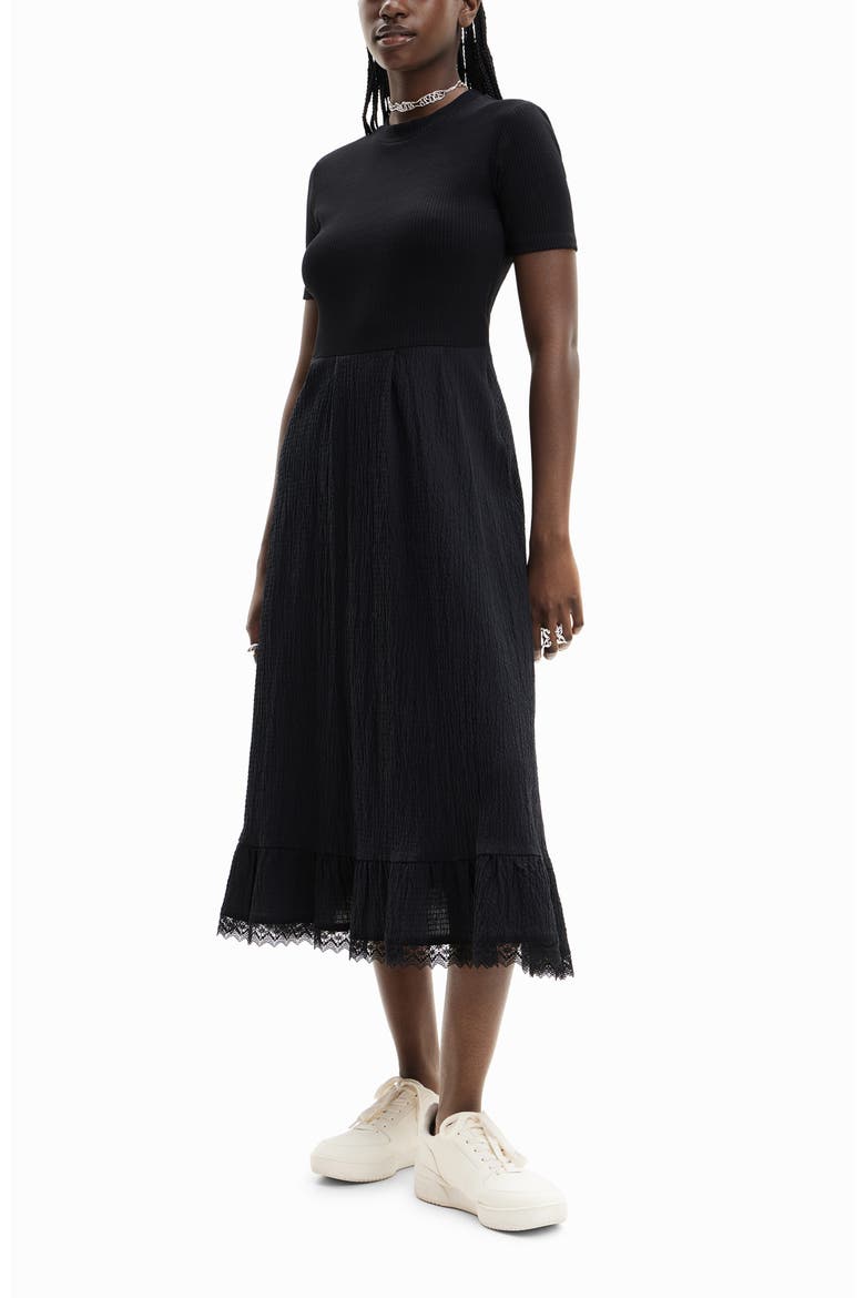 Mixed Media Mock Neck Midi Dress, Main, color, BLACK