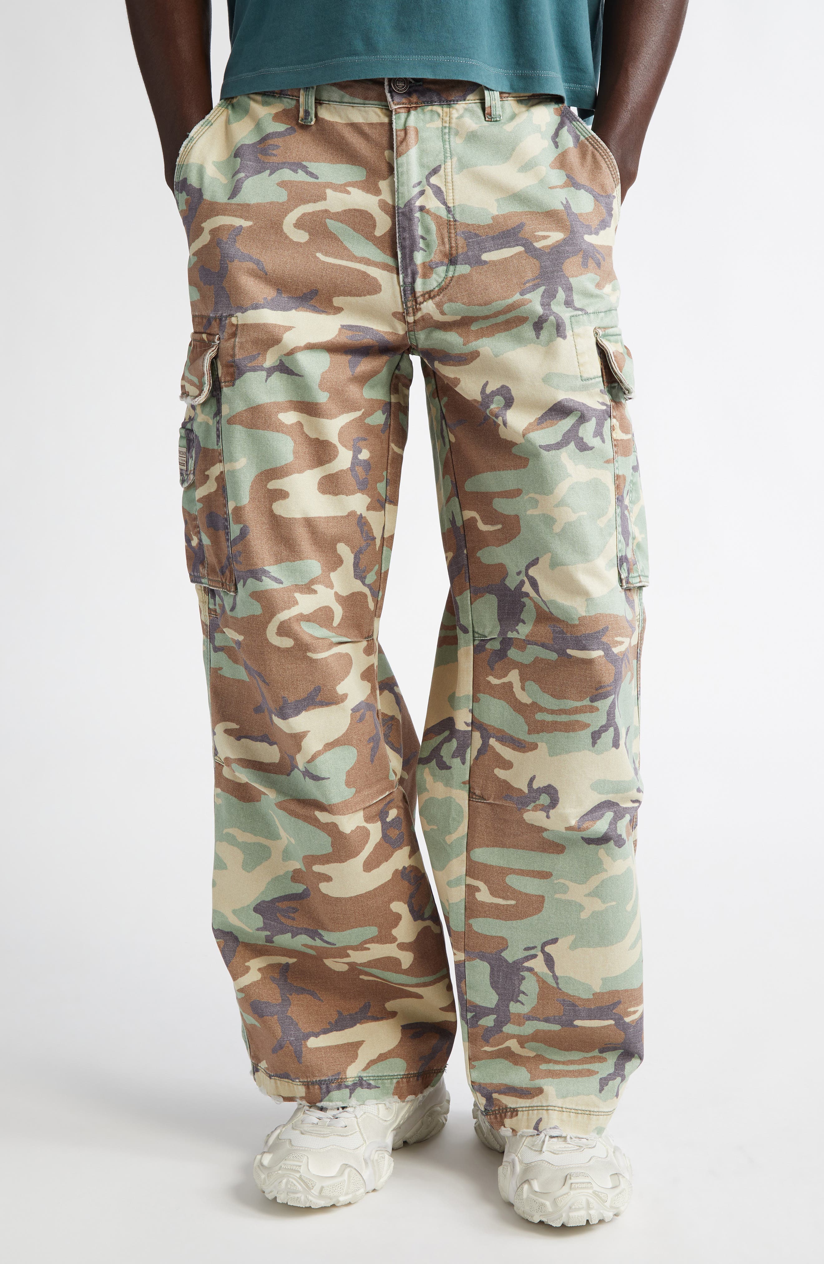 ERL Gender Inclusive California Camo Distressed Cargo Pants (Men