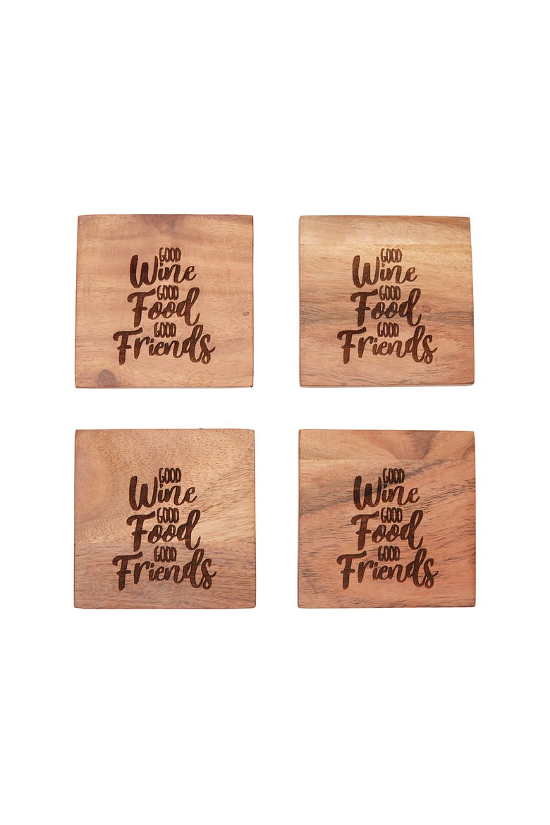 Wine Food Friends Wood Coaster Set of 4, Alternate, color, Brown
