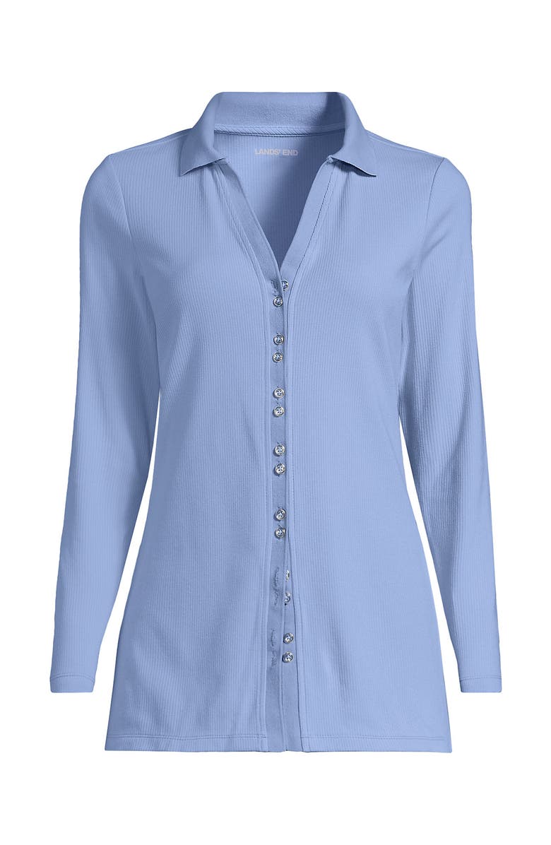 Lands' End Long Sleeve Polished Rib Button Through Tunic Shirt, Alternate, color, Light Sea Blue