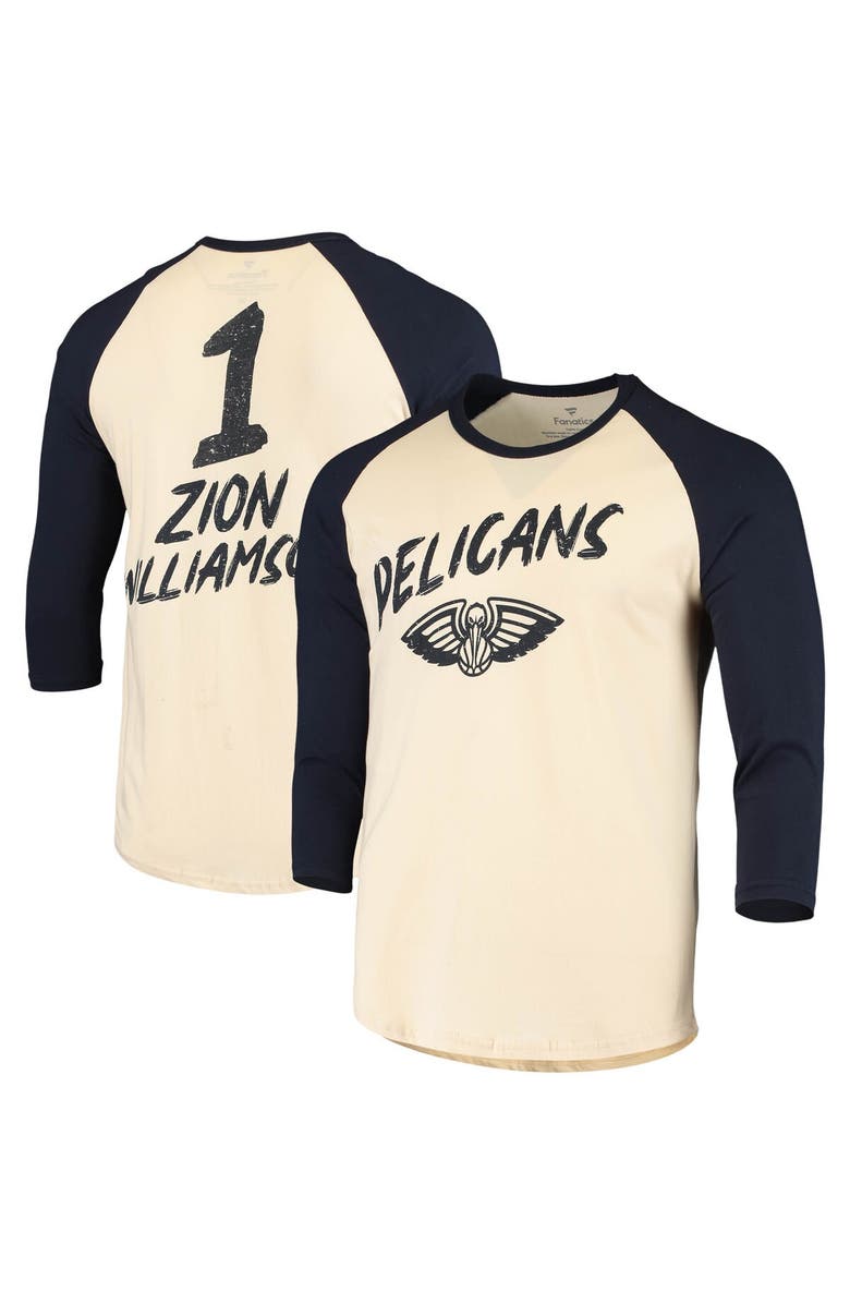 FANATICS Men's Fanatics Branded Zion Williamson Cream/Navy New Orleans Pelicans Raglan 3/4 Sleeve T-Shirt, Main, color, 