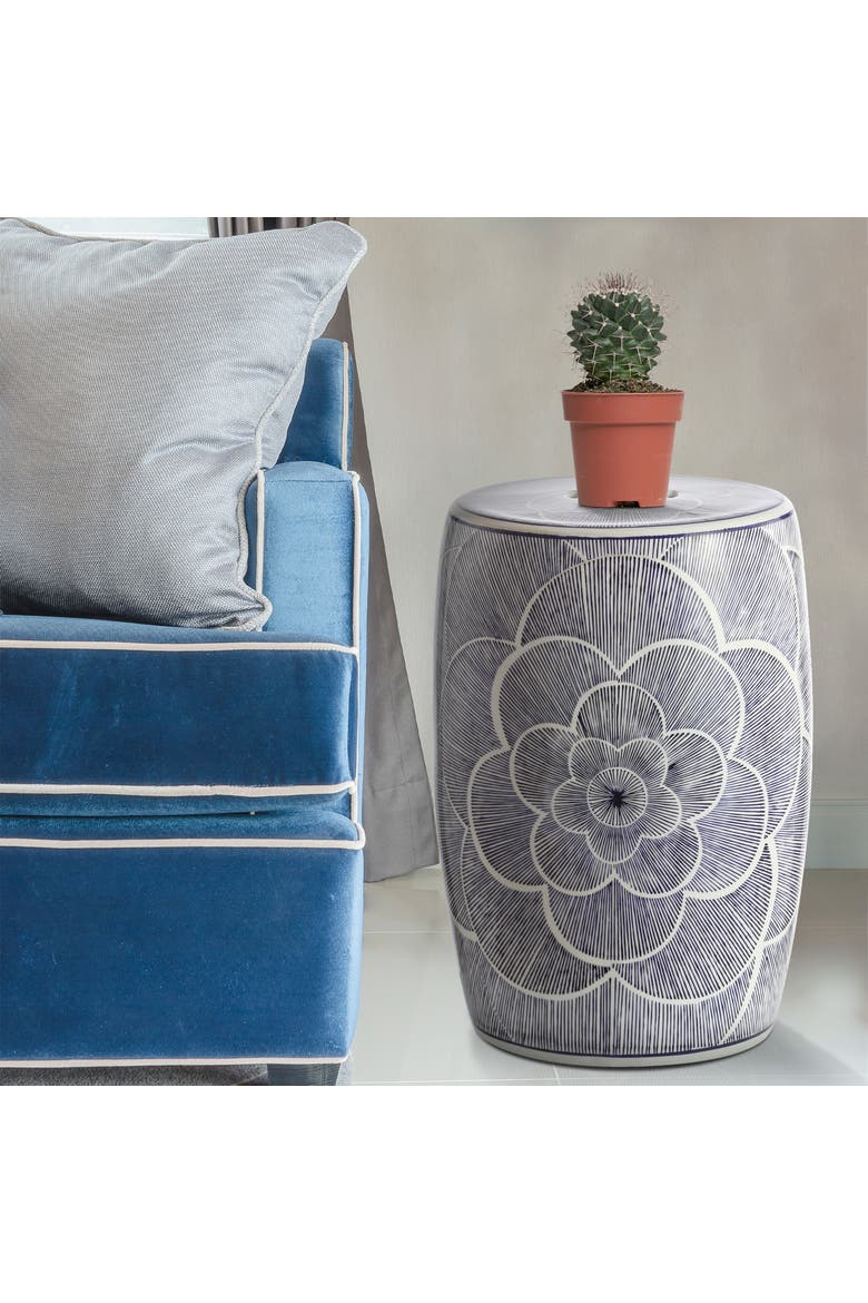 Camellia Traditional Floral Chinoiserie Ceramic Drum Garden Stool, Pierced Indoor/Outdoor Patio Seat & Side Table, Alternate, color, Blue