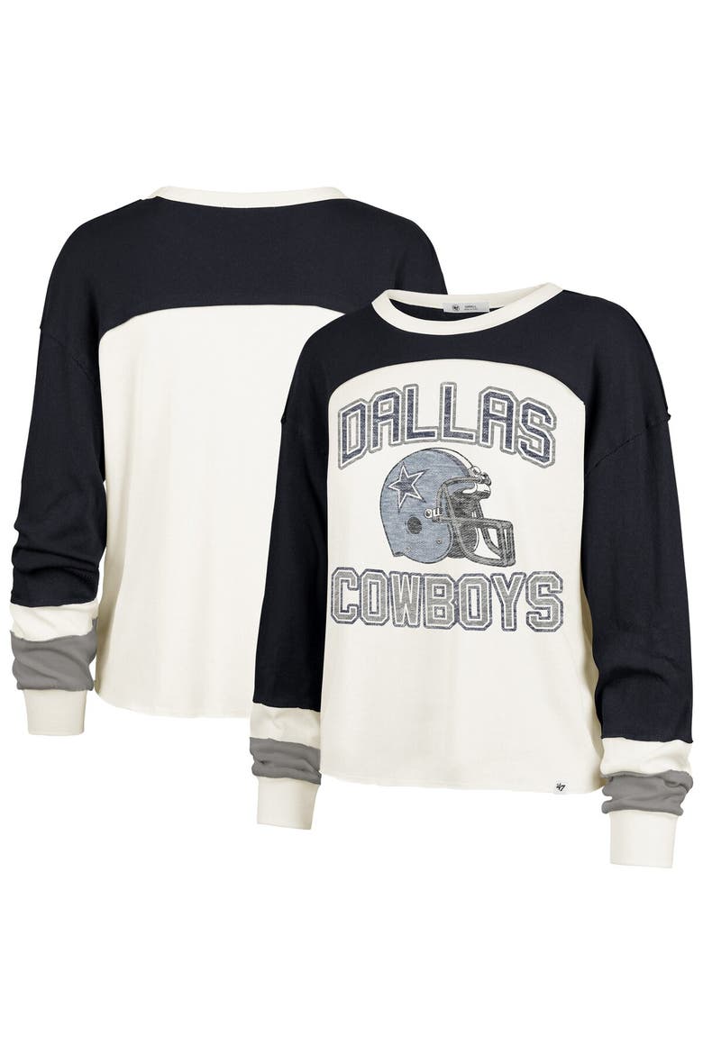 Women's '47 Cream Dallas Cowboys Double Header Curve Raglan Long Sleeve Crop Top, Main, color, Cream