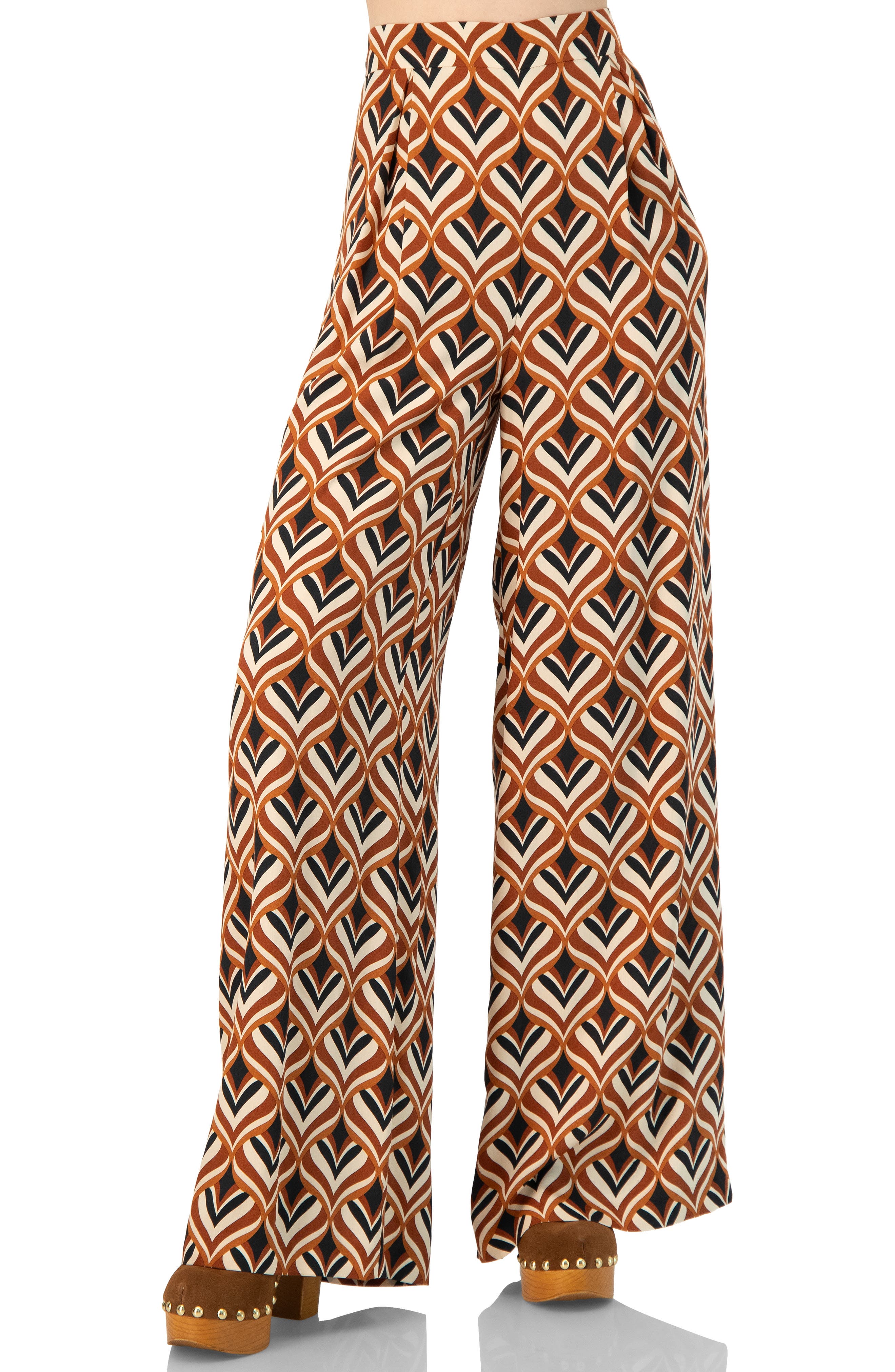 Geometric Wide Leg Printed Pants with Side Zipper