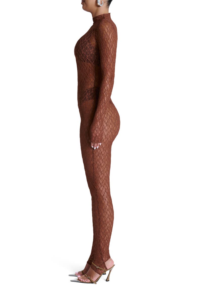 Naked Wardrobe Sheer Lace Long Sleeve Stirrup Jumpsuit, Alternate, color, Brown Sugar