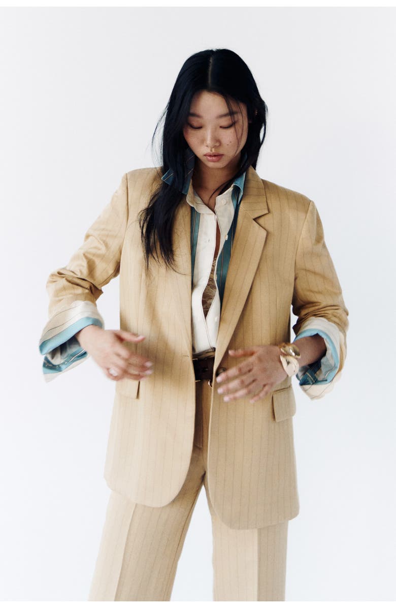 H&M Linen-blend blazer, Alternate, color, Beige/Pinstriped