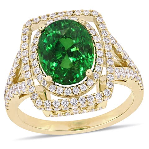 Tsavorite & Diamond Halo Split Shank Ring 14k
