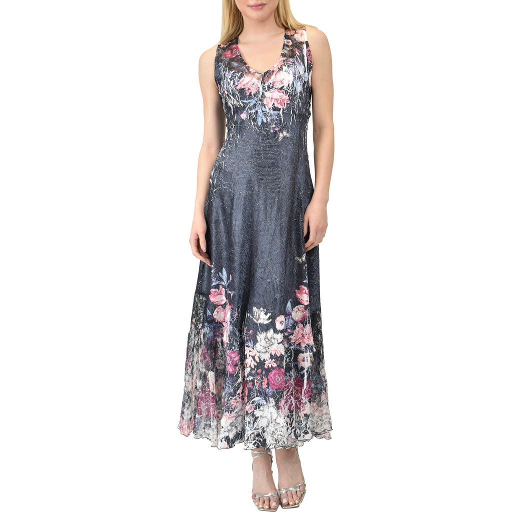 Komarov Floral Long Dress With Lace Up Back Detail In Gray