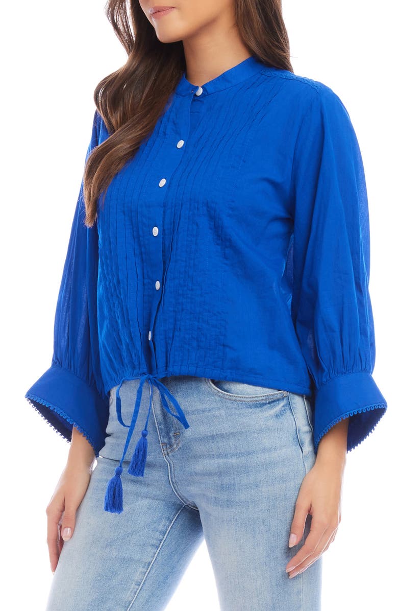 Karen Kane Pintuck Pleat Cotton Button-Up Top, Alternate, color, Blue