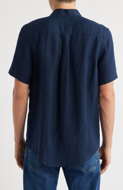 Nordstrom Solid Short Sleeve Linen Button-up Shirt In Navy Blazer