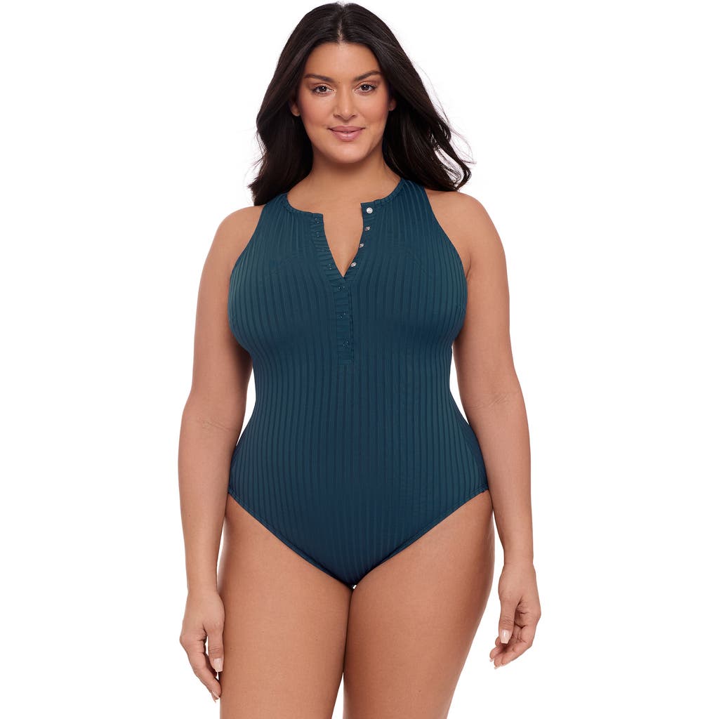 S3 Ribbed High Neck Snap Front One Piece Swimsuit In Dusk Blue