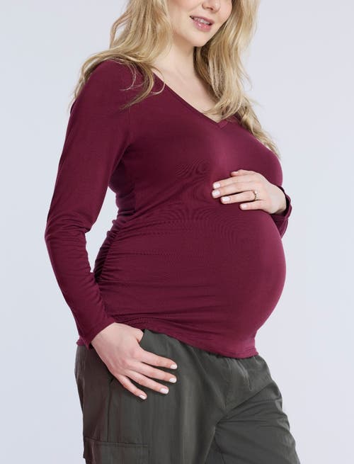Motherhood Maternity V-neck Side-ruched Maternity Long Sleeve Tee In Zinfandel