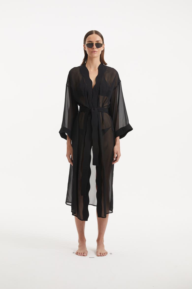 Blaze Long Sleeve Wavy-Trim Belted Sheer Kaftan, Alternate, color, Black