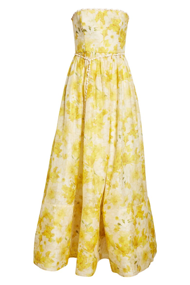 Wonderland Floral Strapless Linen & Silk Maxi Dress, Alternate, color, DAFFODIL PRINT