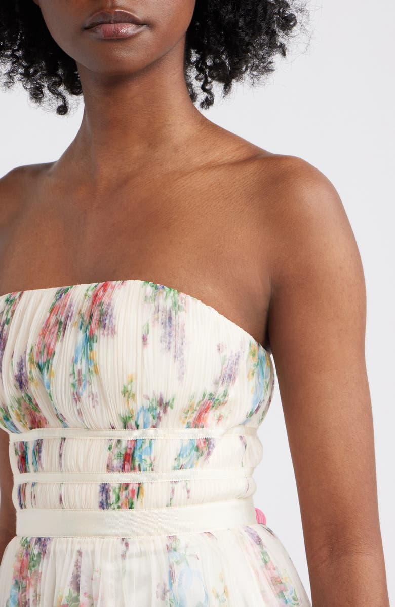 Lulus Calais Pleated Strapless Cocktail Minidress, Alternate, color, Ivory Floral