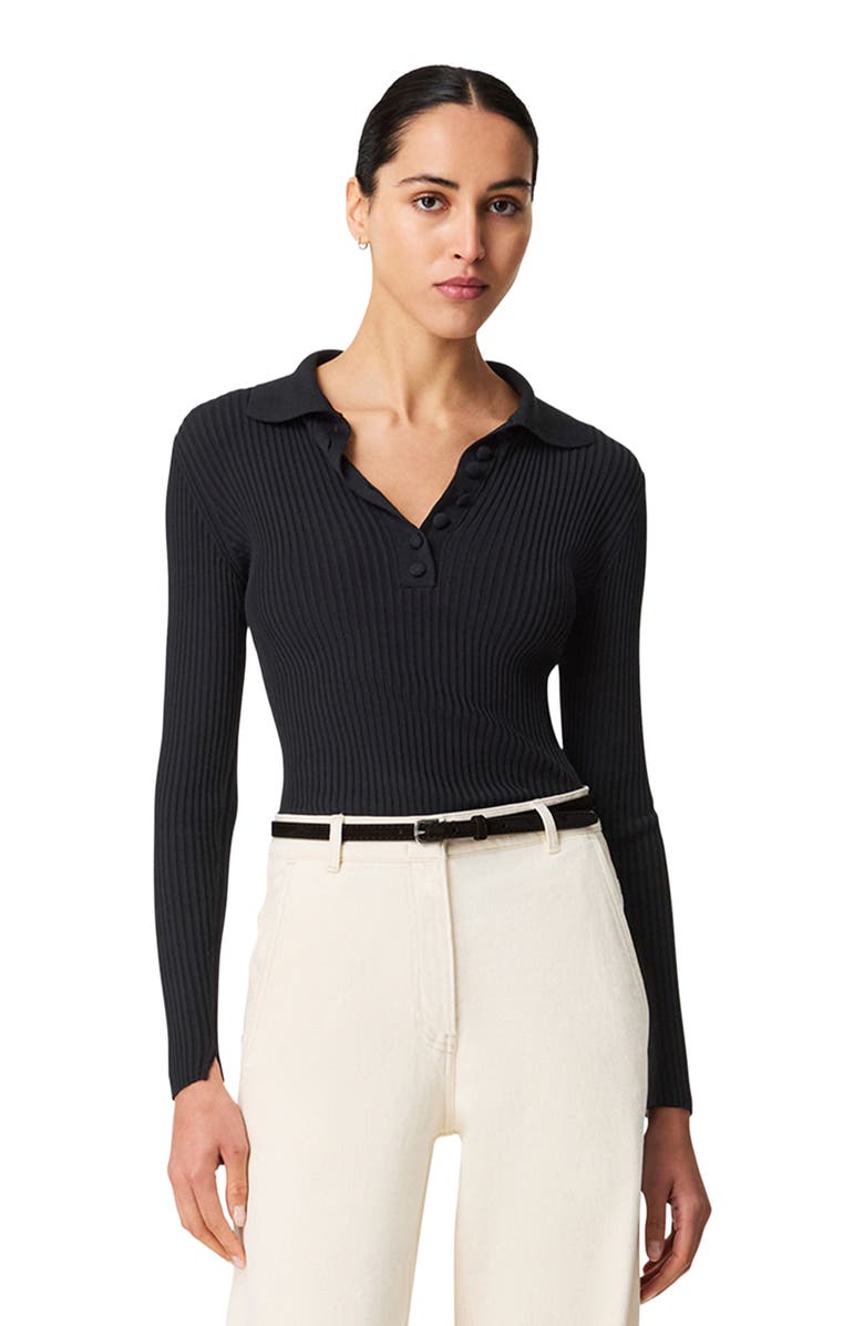 Another Tomorrow Ribbed Knit Polo, Alternate, color, Black