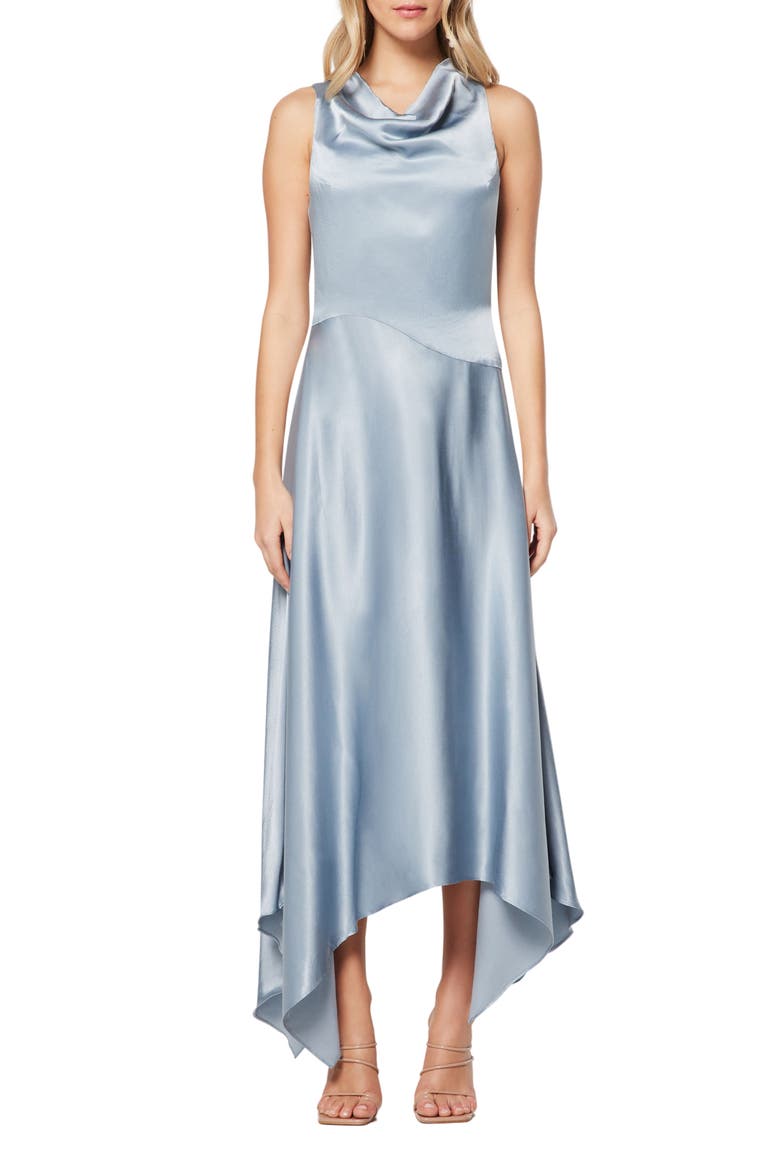 Halle Handkerchief Hem Satin Gown, Main, color, STONEBLUE