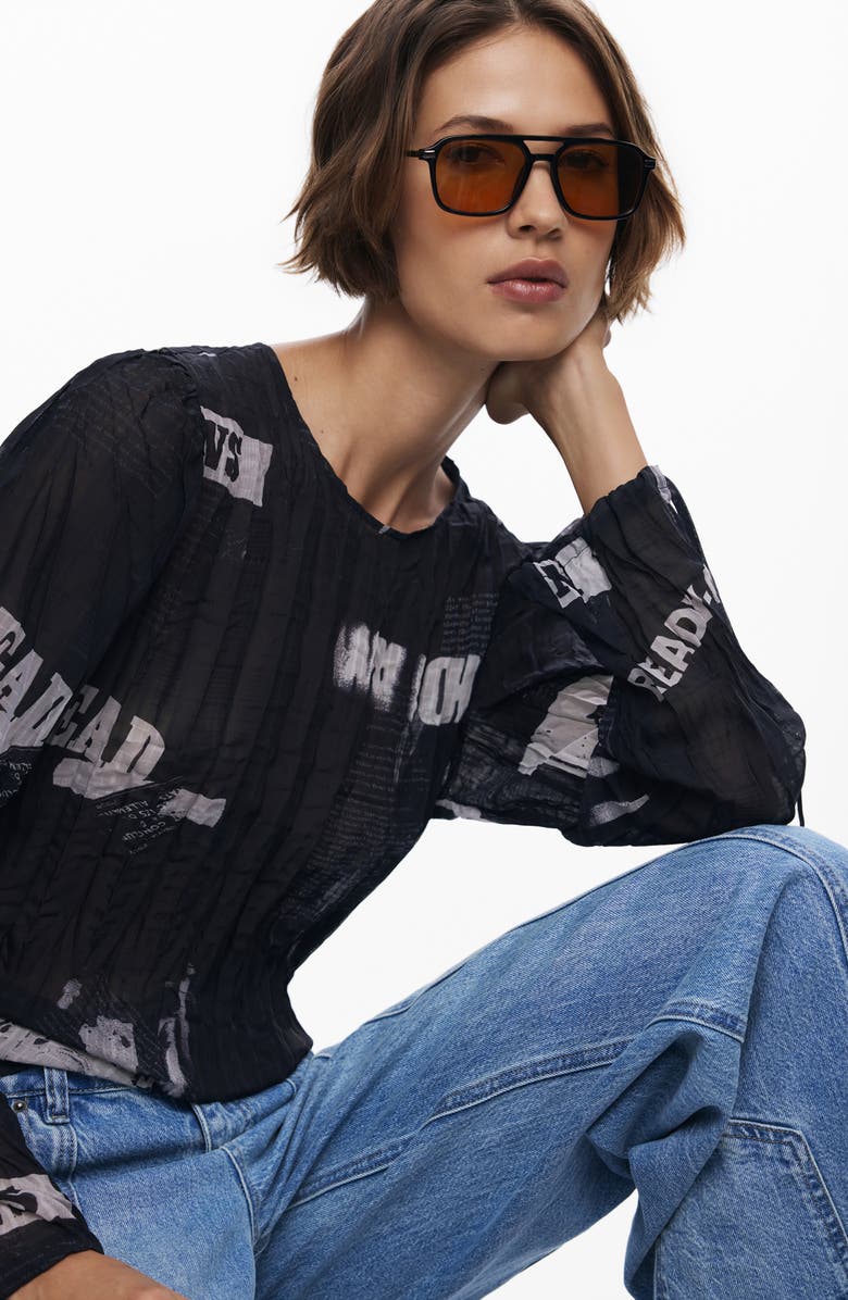 Desigual Print Crinkle Top, Alternate, color, Black