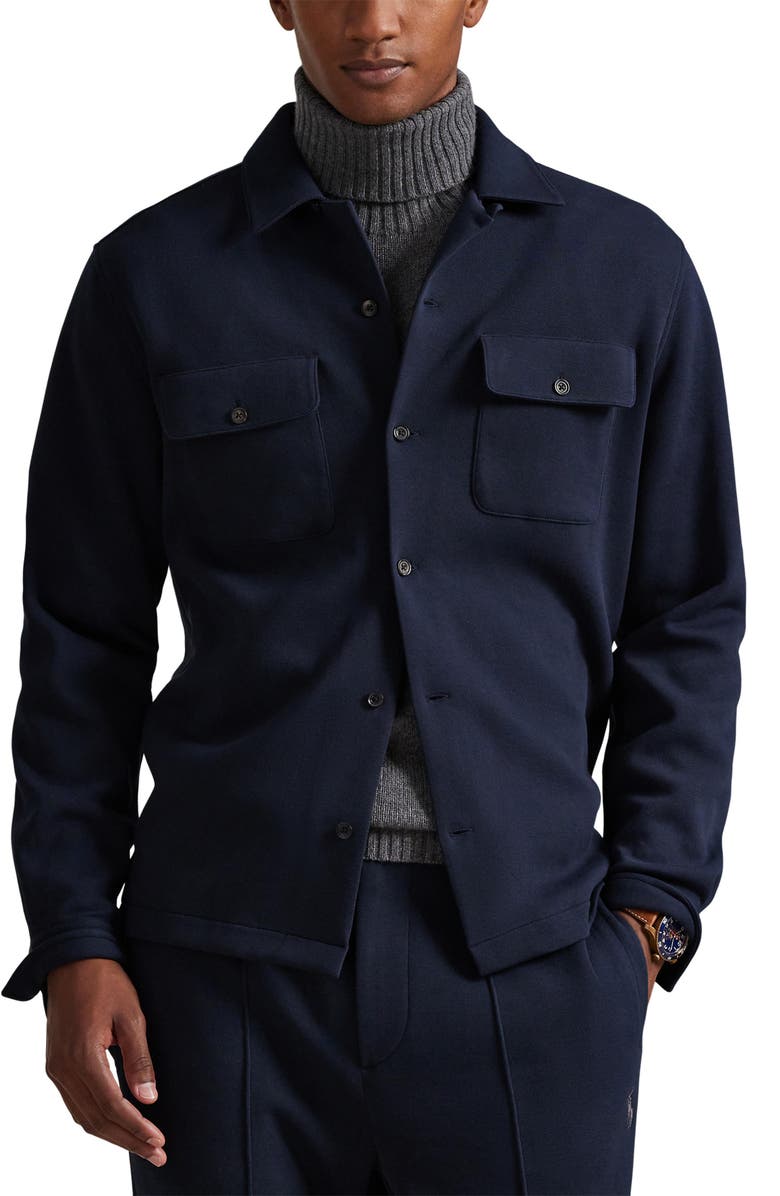 Polo Ralph Lauren Long Sleeve Double Knit Cotton Blend Camp Shirt, Main, color, Aviator Navy