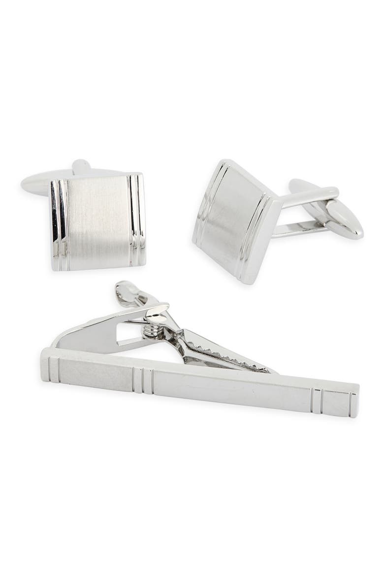 Square Cuff Links & Tie Bar Set, Main, color, SILVER