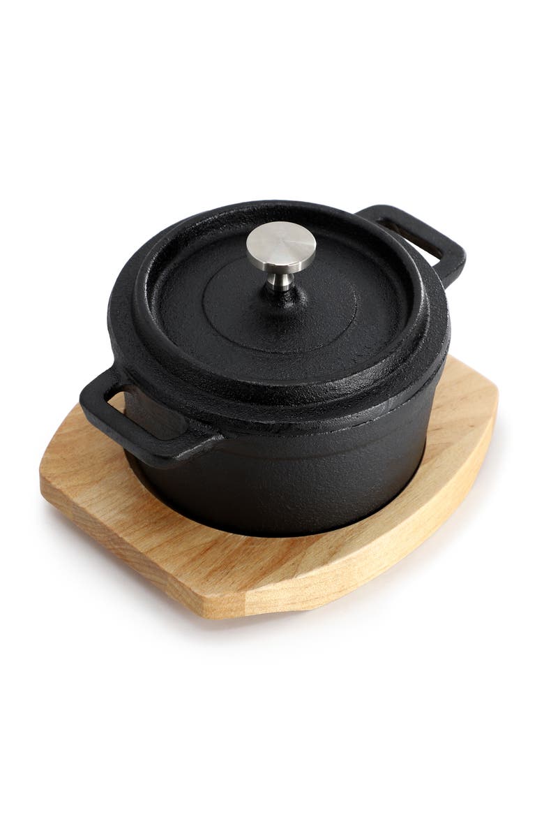 Cast Iron 8 Ounce Mini Dutch Oven with Wood Tray, Alternate, color, Black
