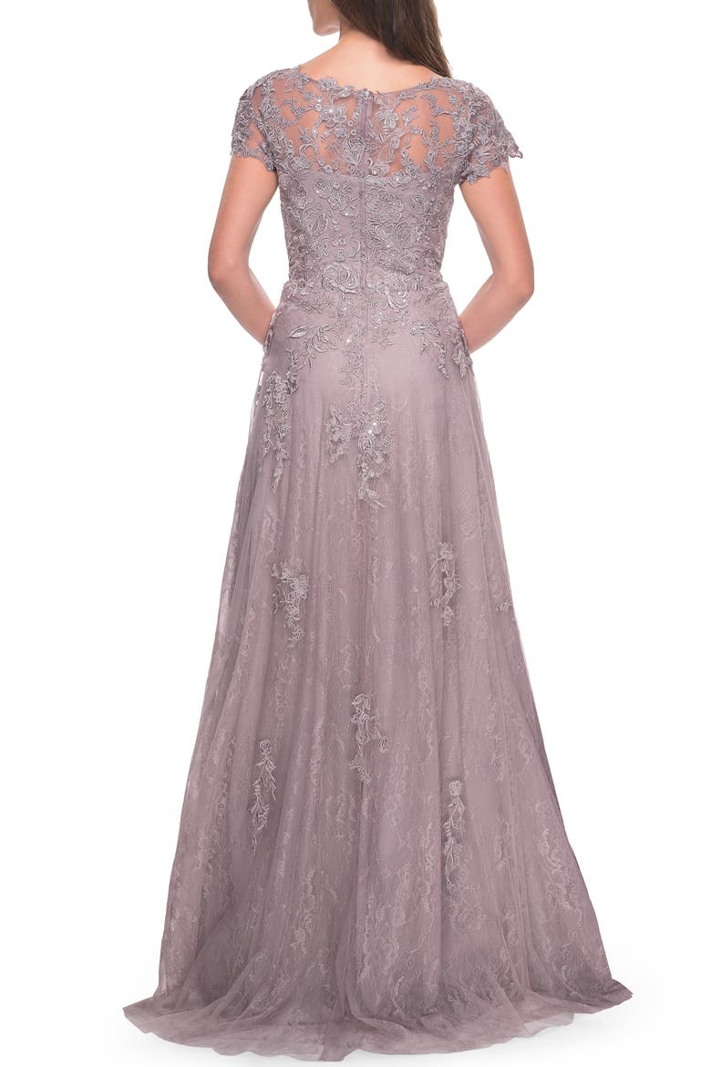 A-Line Dress with Lace Applique and Sheer Short Sleeves, Alternate, color, Dusty Lilac