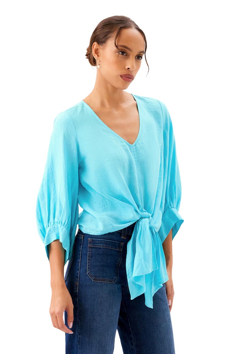 Tie Front Linen Top, Alternate, color, AQUA