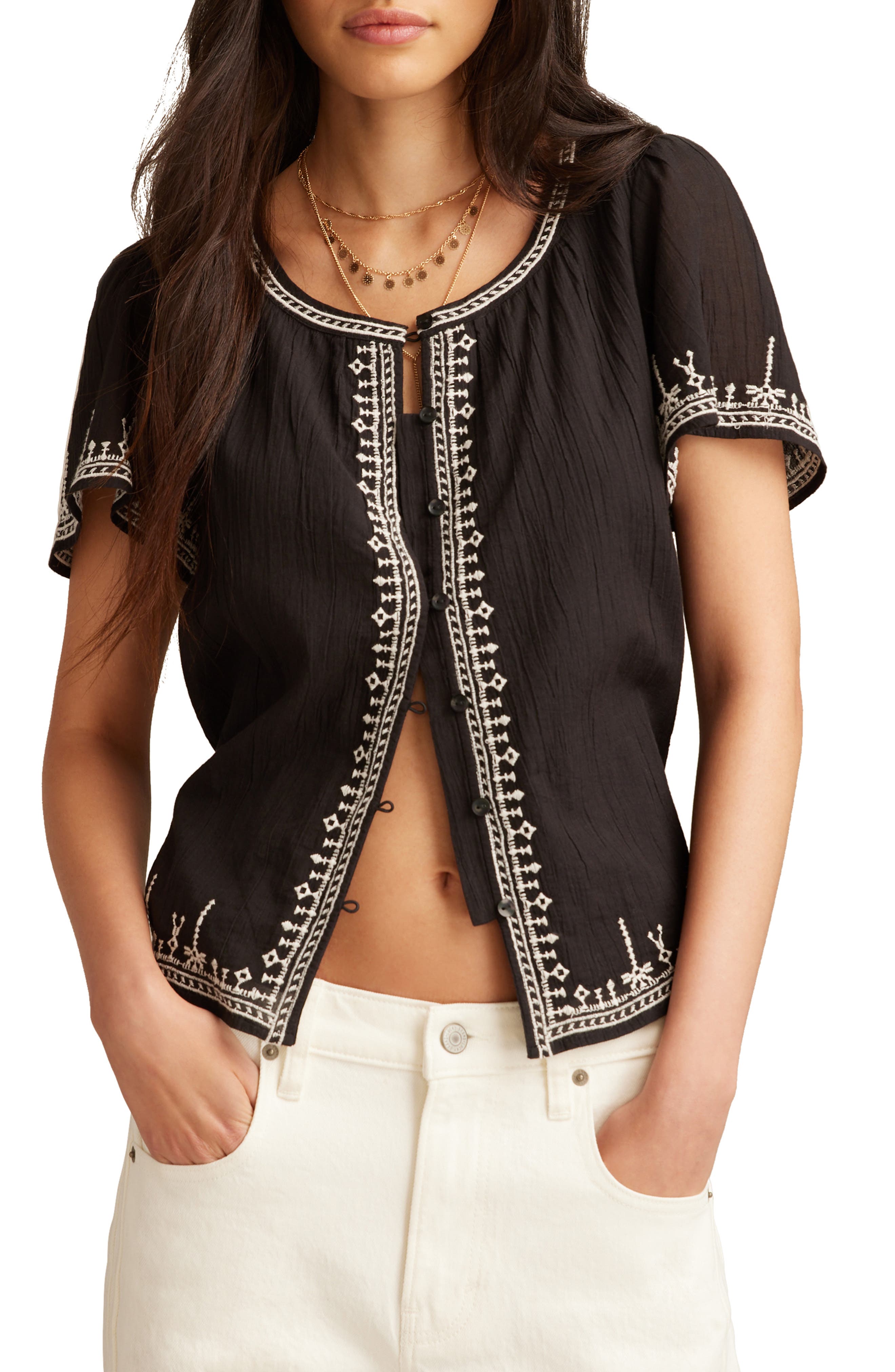 lucky brand black embroidered top