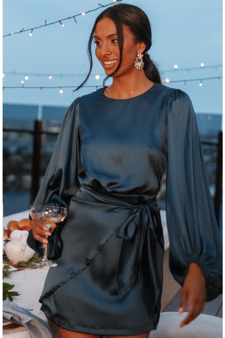 Opal Tie Waist Long Sleeve Satin Minidress, Alternate, color, NAVY