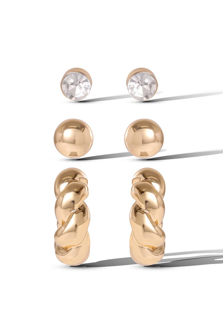Rhinestone Hoop & Stud Earring Set of 3, Main, color, Gold