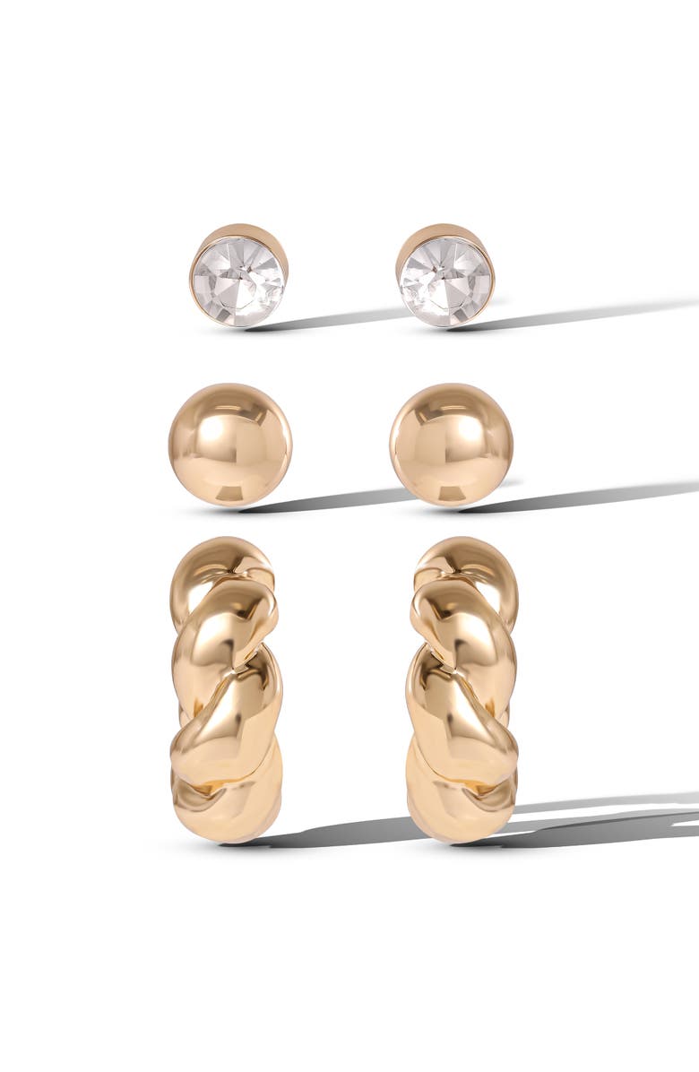 Jessica Simpson Rhinestone Hoop & Stud Earring Set of 3, Main, color, Gold